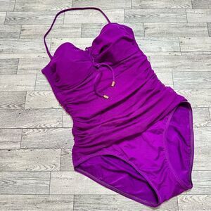 LAUREN RALPH LAUREN RUCHED HALTER LACE UP SLIMMING PURPLE ONE PIECE SWIMSUIT 6